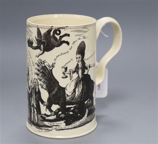 An 18th century creamware political caricature mug height 15cm
